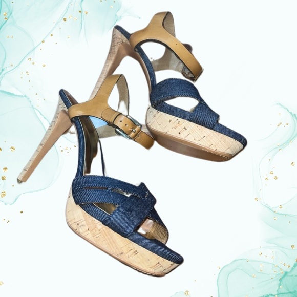 Coach ‘Dani’ Denim Blue & Cork Heels, Buckle Strap, Size 11B - Picture 1 of 15